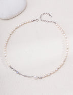 Liquid Metal pearl necklace in platinum silver arranged in a circle with sculpted accents and an extension chain